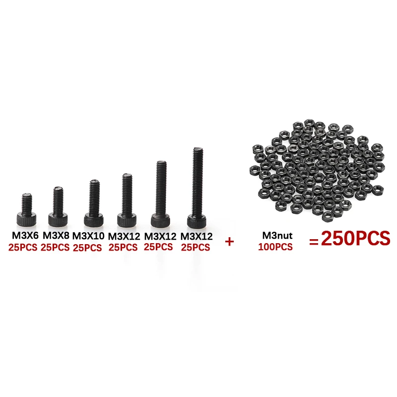 

250pcs M3 Cap Head Screws Fastener Sets Hex Socket Bolt With Hex Nuts Hardware Kit