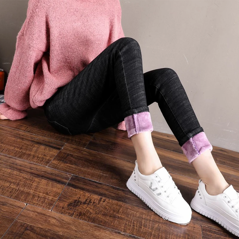 Зимние женские джинсы с высокой талией узкие теплые облегающие для женщин