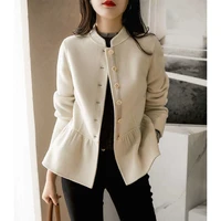korea woman slim waist design buttons up woolen coat 2021 chic female autumn crewneck outwear ladies elegant jackets coat