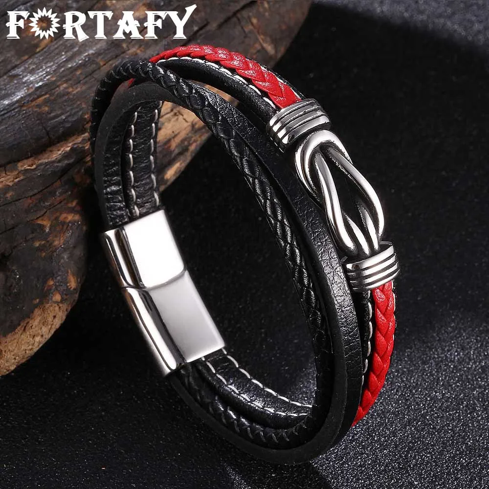 

FORTAFY Irregular Graphic Stainless Steel Red Leather Bracelets Men Multilayer Braided Rope Wristband Male Charm Jewelry FR1080