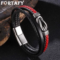 fortafy irregular graphic stainless steel red leather bracelets men multilayer braided rope wristband male charm jewelry fr1080