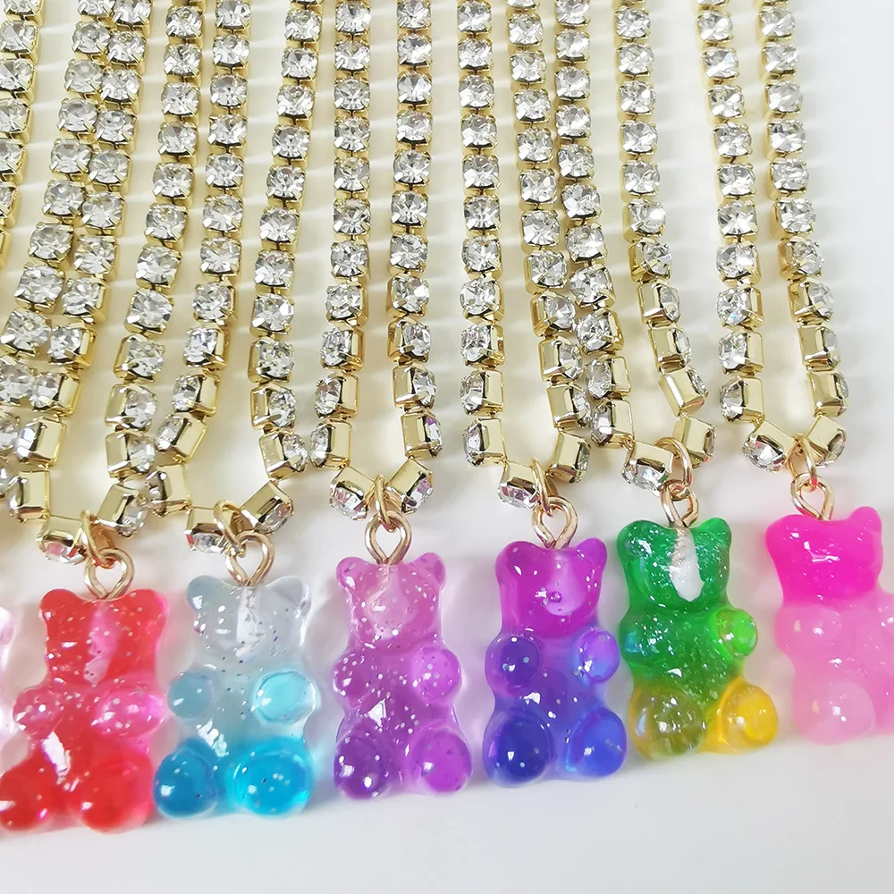 

Colorful Transparent Gummy Resin Bear Pendant Necklace For Women Shiny Full Rhinestone Crystal Chain Choker Necklaces Jewelry