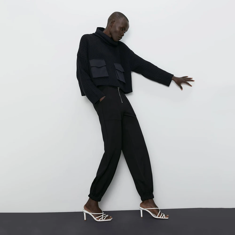 Новый Однотонный свитер ZA для женщин модный контрастный сшитый карман длинный