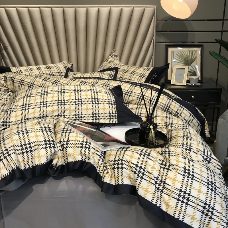 

Luxury 800TC Egyptian Cotton Embroidery Bedding Set Classic Lattice Stripe Printing Duvet Cover Flat/Fitted Sheet Pillowcases