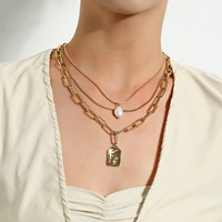 geometric embossed no headed pendant necklace female multi layer pearl snake bone chain necklace
