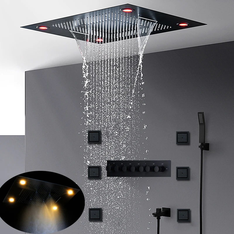 

Modern Thermostatic 6 Functions Shower Set Concealed Ceilinig 600x800mm Dual Rainfall Waterfall Massage Misty Showerhead LED