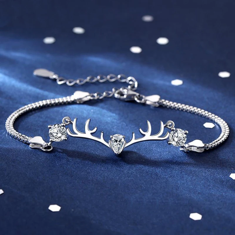 

100% Pure 925 Sterling Silver Deer Crystal Bracelets Korean Fashion Temperamental Bracelets For Women Wedding Fine Jewelry 16cm