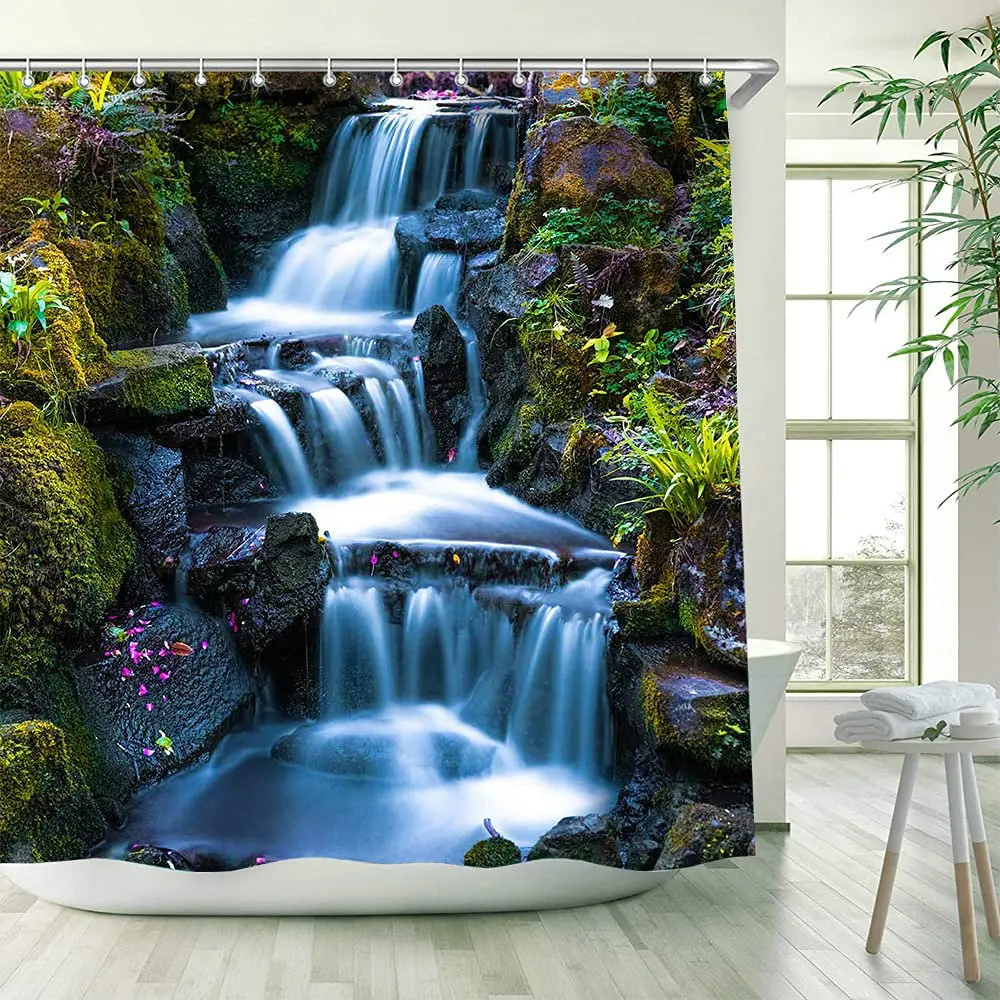 

Waterfall Scenery Shower Curtain Landscape Nature Rainforest Green Tree Bathroom Accessories Decor Polyester Screen With Hooks