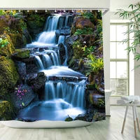 waterfall scenery shower curtain landscape nature rainforest green tree bathroom accessories decor polyester screen with hooks