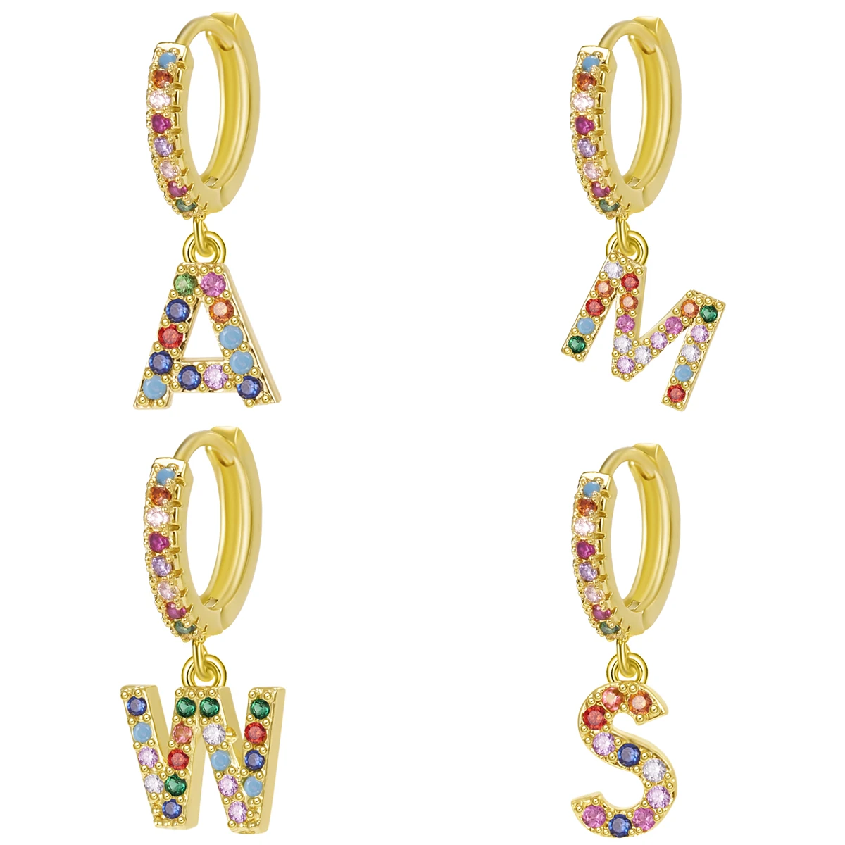 A-Z Letter Gold Color Metal Colorful Zircon Hoop Earring Initials Name Alphabet Female Creative Earring Trendy Party Jewelry
