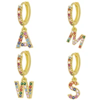 a z letter gold color metal colorful zircon hoop earring initials name alphabet female creative earring trendy party jewelry