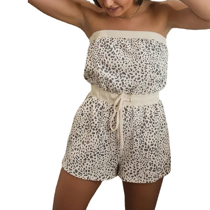 

Leopard Tube Top Plus Short Jumpsuit Women Summer Sexy Fashion Lace Up Patchwork Romper Bandage Sleeveless Leisure Bodysuit