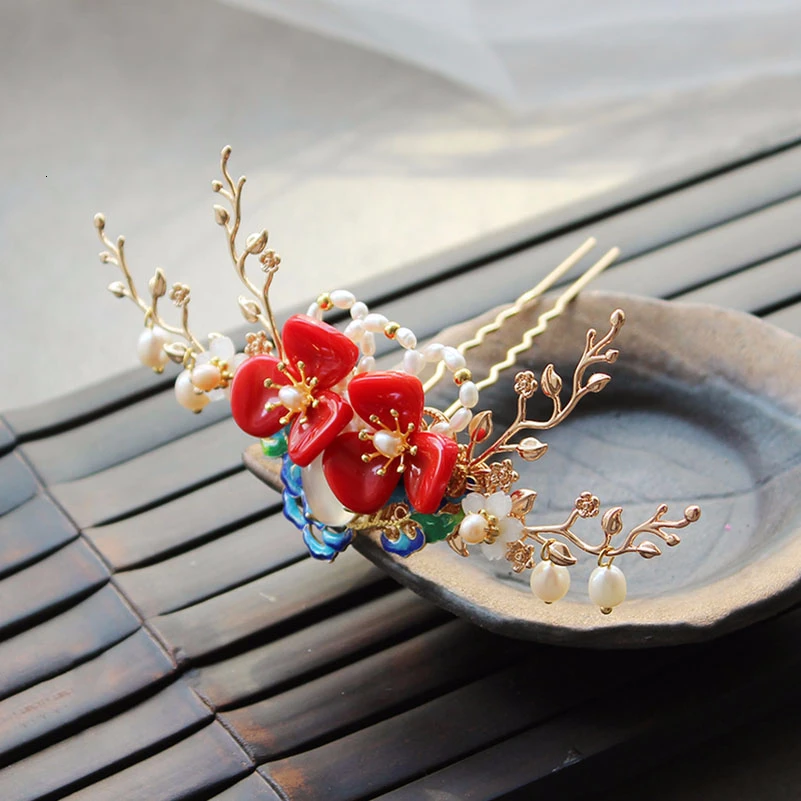 Шпилька для волос с красными цветами и пресноводным жемчугом|Украшения волос| |