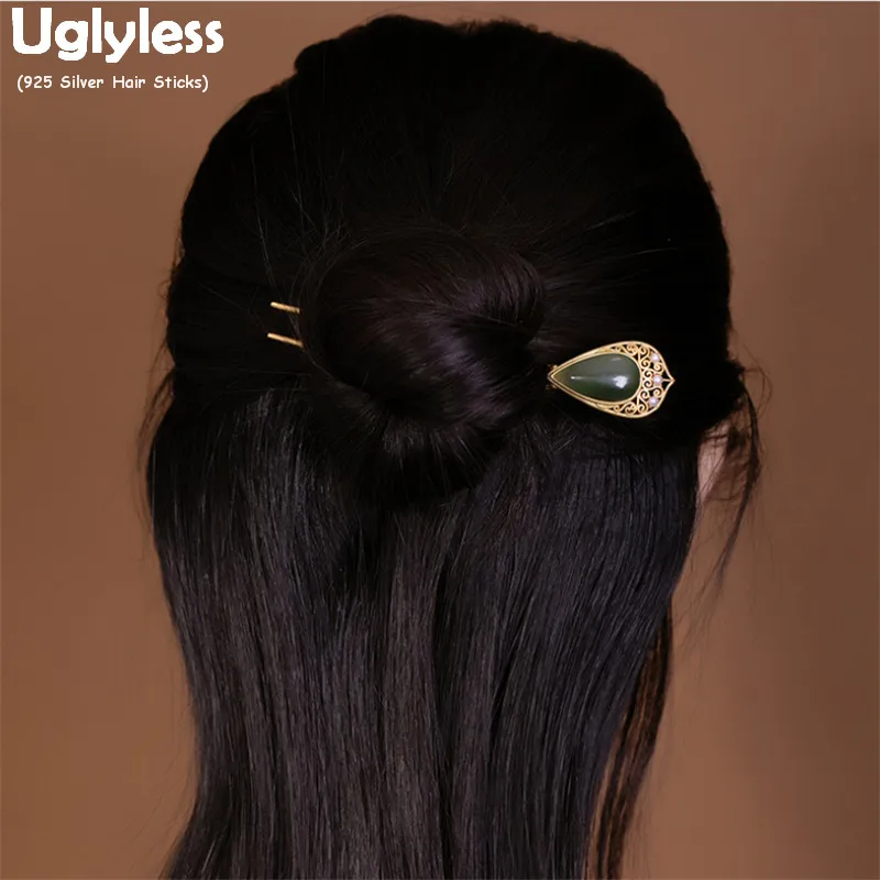

Uglyless Like a peacock feather Eastern Dress Hair Forks for Women Retro Fashion 925 Silver Hair Sticks Water Drop Jasper Jewels