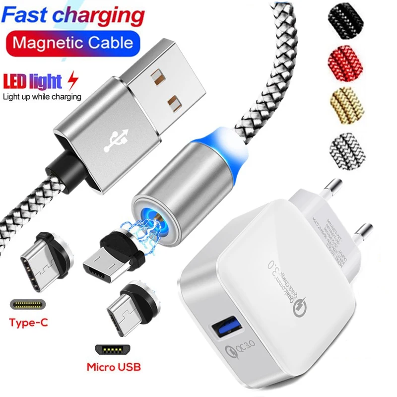 Магнитный USB Type C Micro светодиодный кабель для Samsung A40 A50 A60 A70 A90 Huawei Honor 9 lite ZTE Blade V7 V8