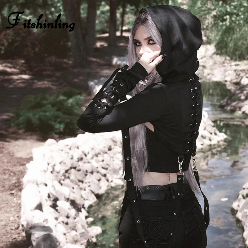 Fitshinling Goth Dark Harajuku Толстовка на шнуровке черная толстовка с капюшоном женская