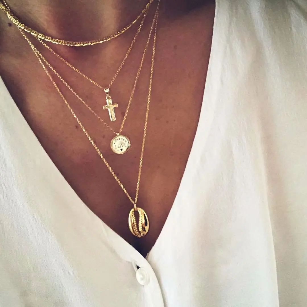 Retro Gold Cross Ocean Shell Letter Round Chain Pendant Multistorey Necklace For Women Charm Boho Party Jewelry | Украшения и