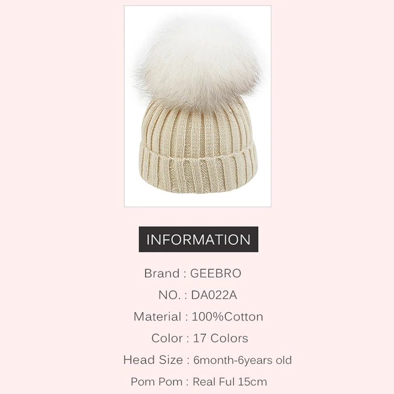 

2019 Winter Autumn Beanies For Kids Warm Baby Girls Boys Cotton Unisex With Real Fur Pompom Children Beanie Hat Ribbed Skull Cap