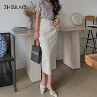 zhisilao straight bodycon long jeans skirt women solid white vintage split high waist denim skirt midi elegant summer 2021
