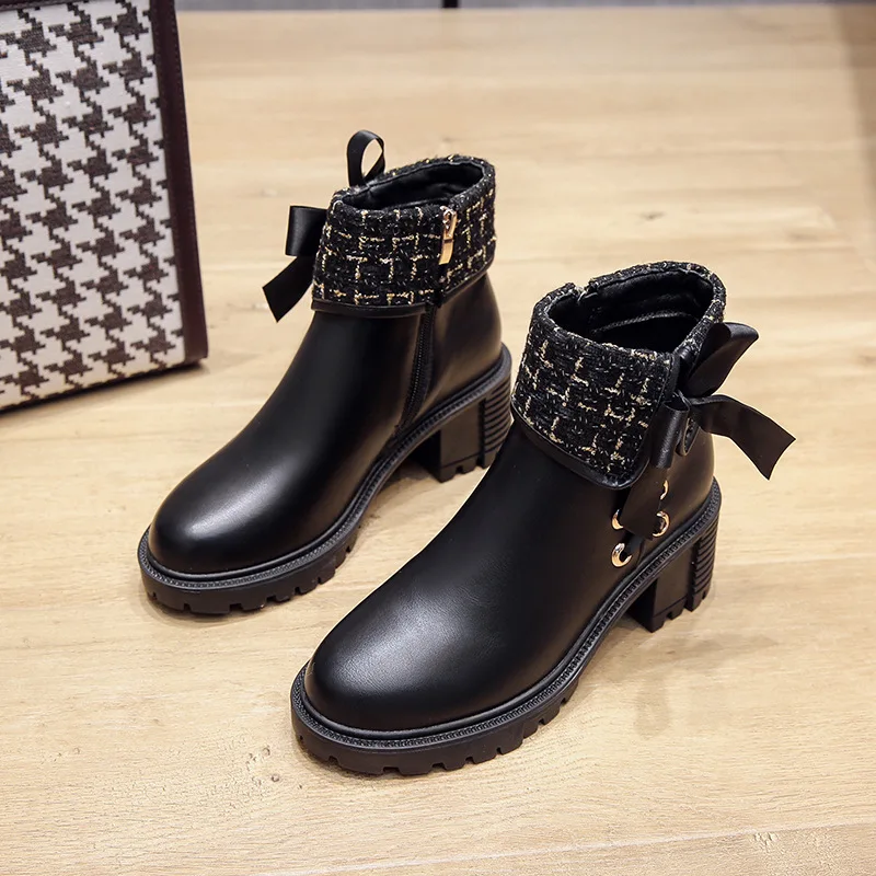 

2022 Autumn Winter New Women's Boots Fashion Bowknot Short Boots Warm Cotton Shoes Platform Boots Outdoor Casual PU Boots