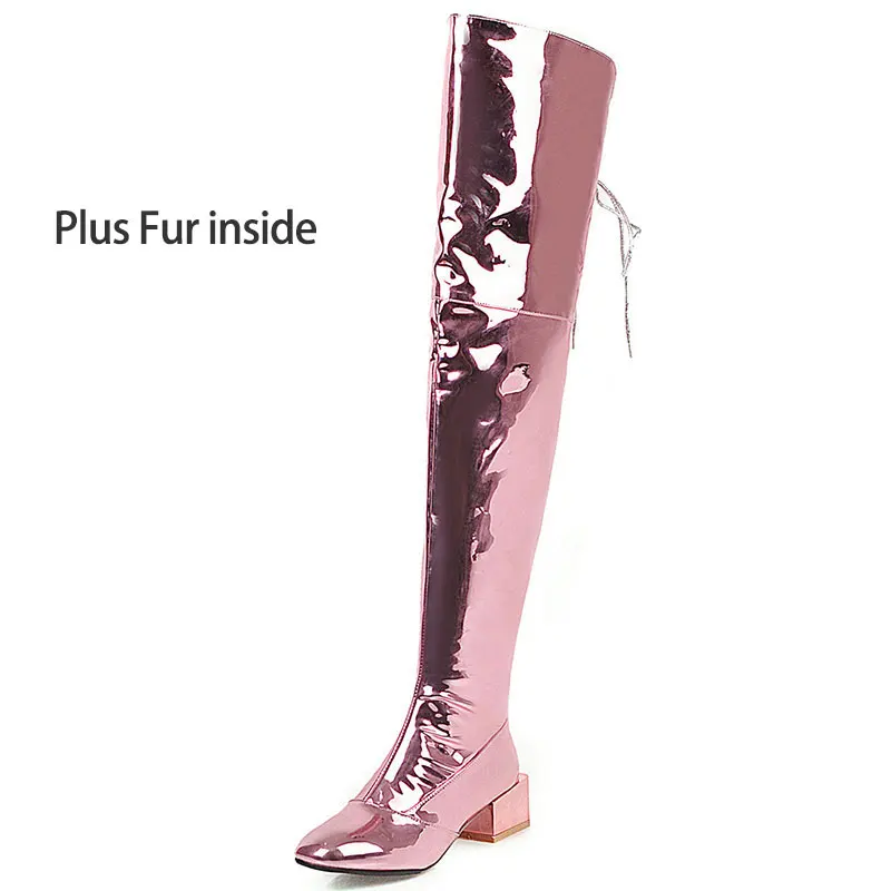 plus fur pink Lasyarrow/большие размеры 33-48; модные сапоги выше колена; женские сапоги на молнии с квадратным носком для выпускного вечера; ботинки с перекрестной шнуровкой; сезон осень-зима; - Цвет: plus fur pink