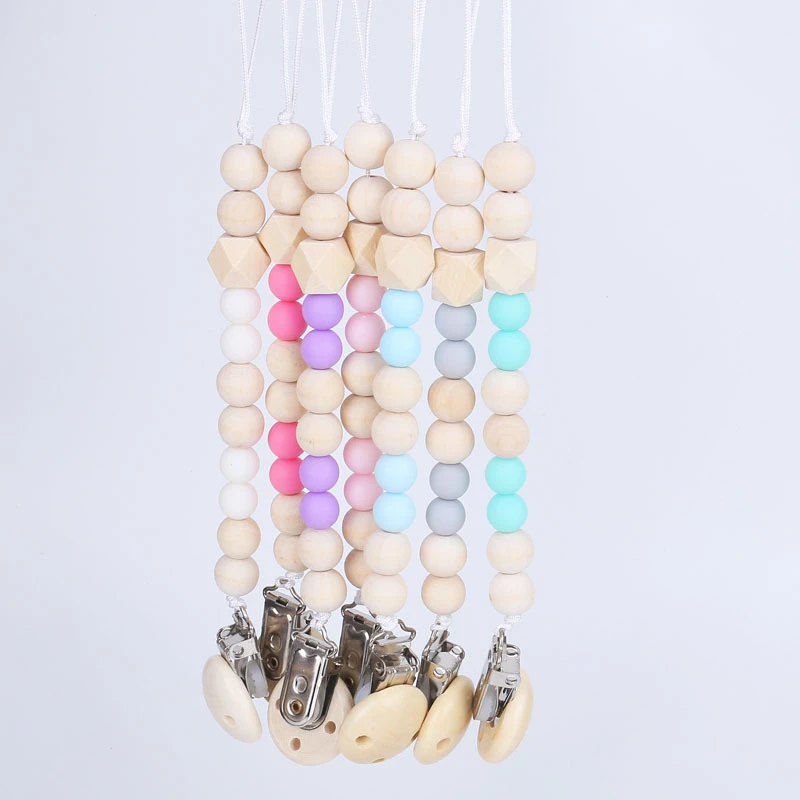 Baby Pacifier Clip Chain Silicone Beads Wooden Holder Soother Clips Nipple for Infant Bottle | Мать и ребенок