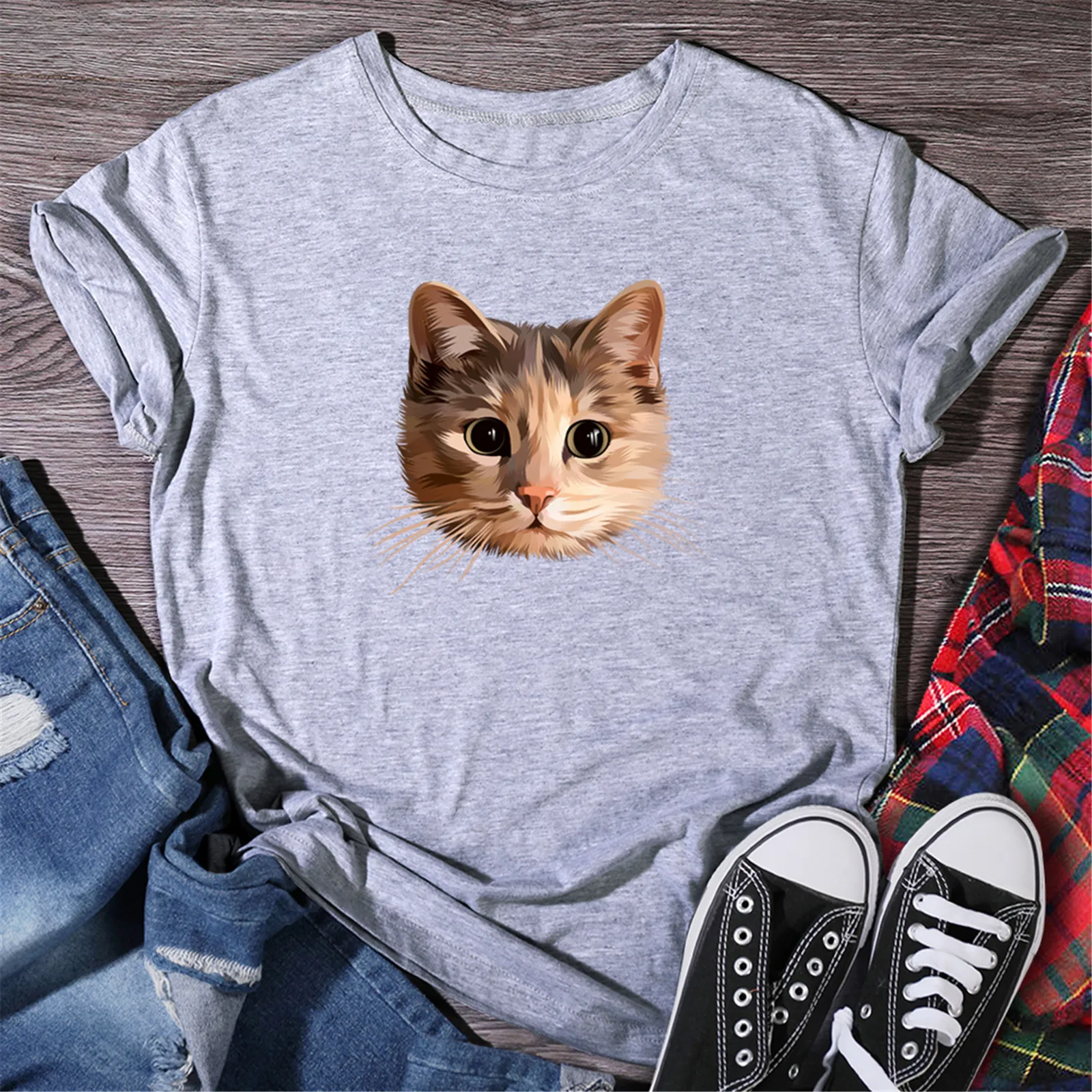 Summer Plus Size T Shirt Women Casual O-Neck Cute Animal Cat Print Short Sleeve Top Tee Harajuku Korean Tops Female T-shirt | Женская