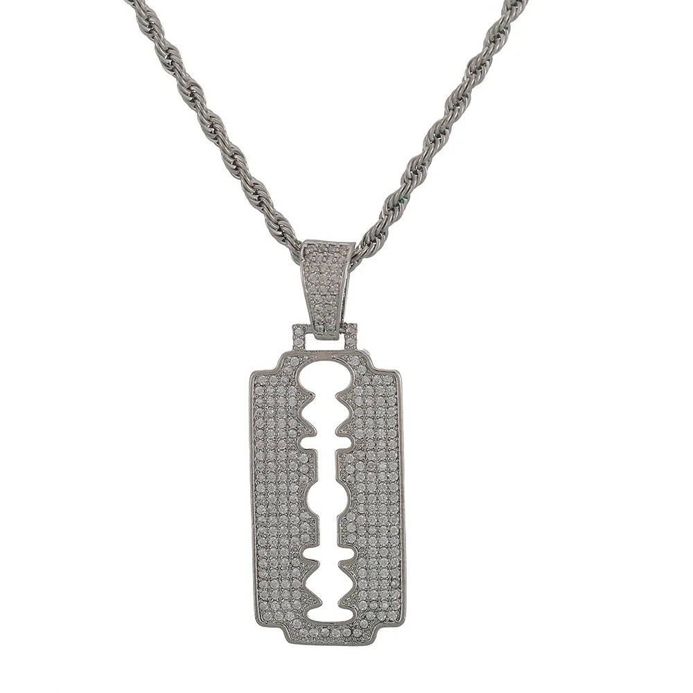 

Men Hip hop iced out bling razor blade shape pendant necklaces micro pave CZ stone male Hiphop necklace fashion jewelry gifts