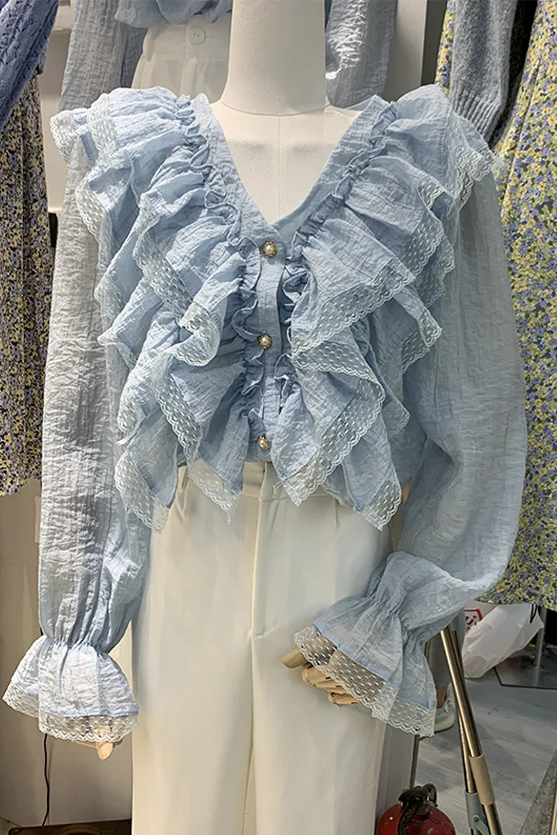 

2021 New Solid Color Ruffled Lace Stitching Long-Sleeved Shirt Women's Pearl Buttons V-neck Blouse Fairy Style Top