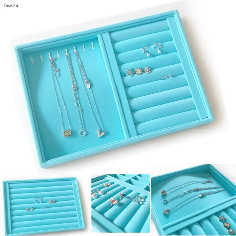 

Blue Plush Velvet Jewelry Display Trays Earring Ring Necklace Storage Box Pendant Organizer Bracelet Holder Window Showcases