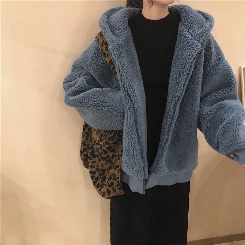 blue Плюшевая куртка из овечьей шерсти, женская зимняя Корейская куртка ins Harajuku в винтажном стиле, милая модная свободная однотонная Повседневная Женская куртка с капюшоном - Цвет: blue