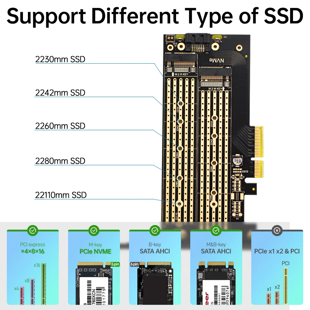 AMPCOM Dual M.2 PCIE 4 0 адаптер для NVMe / SATA SSD NVME (m Key) и (b PCIe x4 слот с полным/низким профилем |