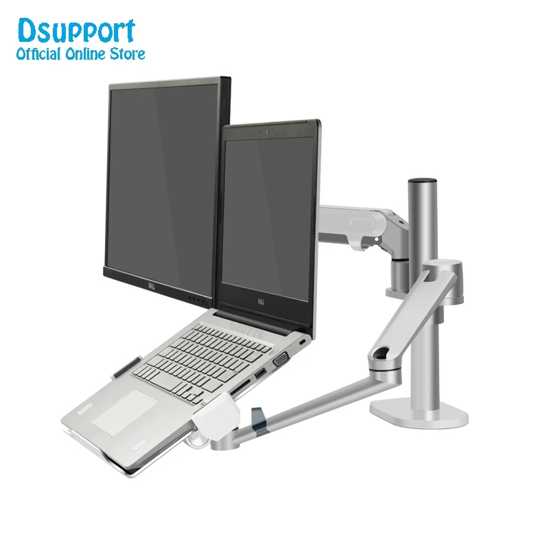 OL-3S Aluminum Height Adjustable Desktop Dual Arm 17-32 inch Monitor Holder+12-17 inch Laptop Holder Stand Full Motion Mount Arm