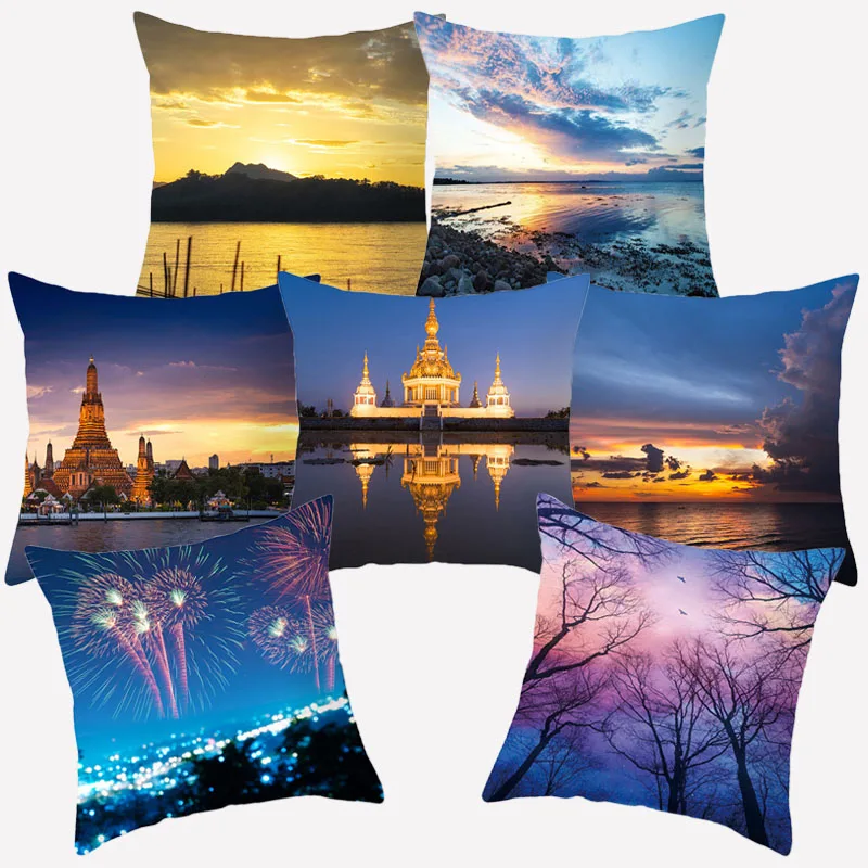 Декоративный чехол для диванной подушки с рисунком заката | Дом и сад
