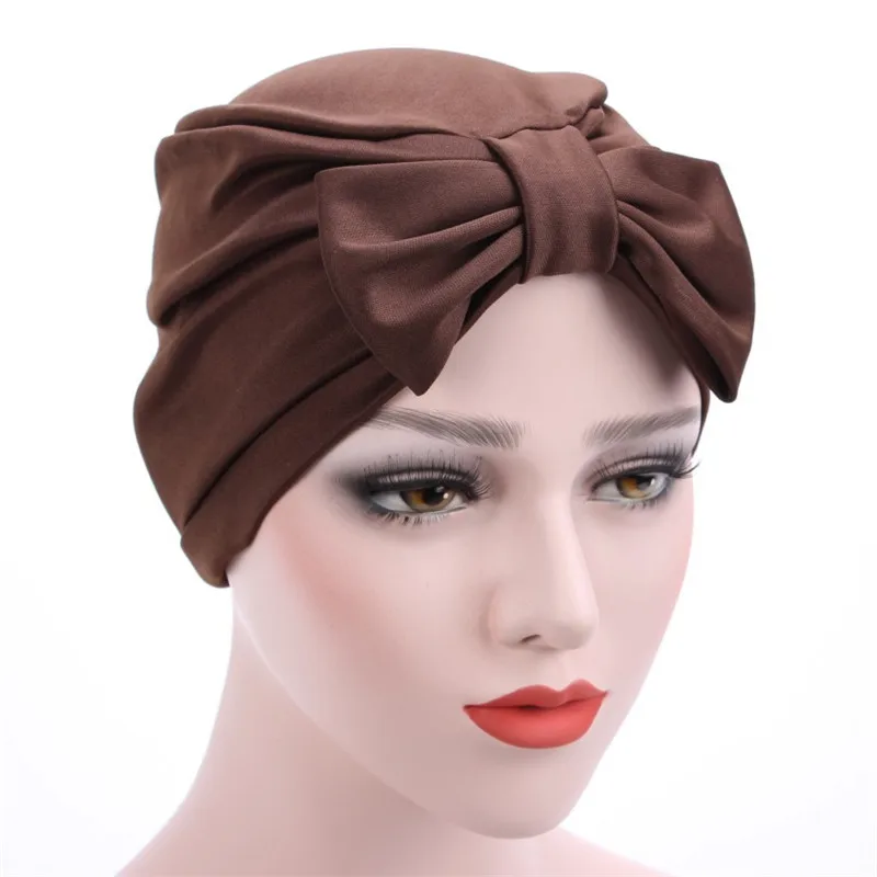 

Muslim Headscarf bowknot Hat Solid Satin Bonnet Turban Wide Band Summer Thin Elastic Caps Indian Inner femme Hat Head Cover Wrap