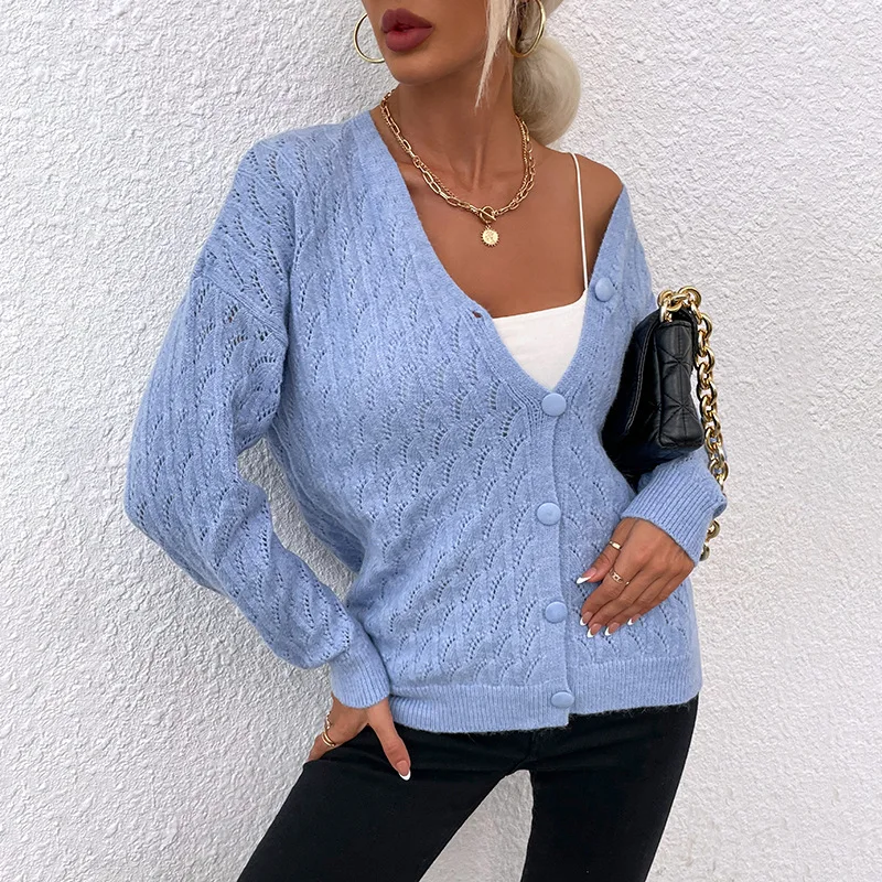 

Однобортный женский вязаный кардиган, новинка 2022, однотонные женские вязаные топы с V-образным вырезом, женские свитера в европейском стиле на весну и осень