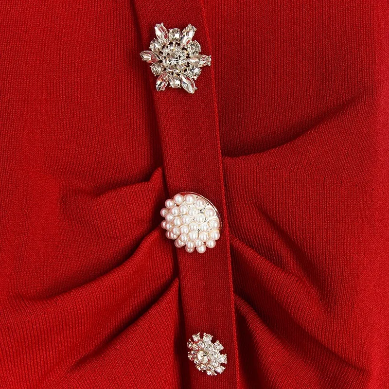 

Knitting Black Summer Dress 2020 New V Neck Short Sleeve Pearls Buttons Sweater Dress Vintage Women Black Jumper Dress Vestidos