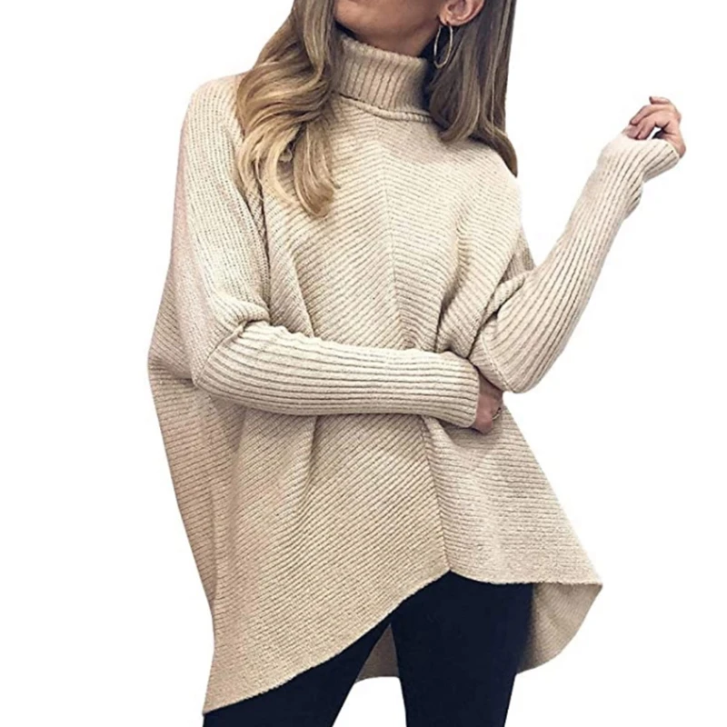 

Womens Oversized Turtleneck Long Sleeve Sweater Irregular Hem Casual Pullover Knit Jumper Tops