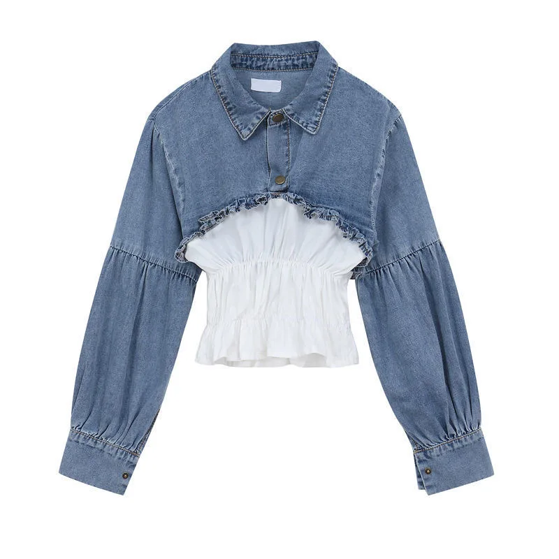 

Women Short Shirt All-match Autumn 2020 New fake Two-piece female Stitching Denim Tops Elastic Pleats Wooden Ear Edge design