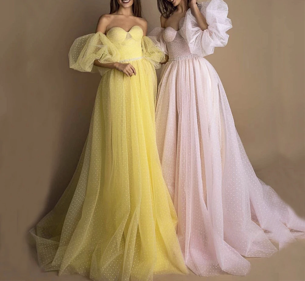 

Sweetheart Detachable Lantern sleeve Court train Prom Dresses Lace Tulle Fold Yellow Evening Dresses