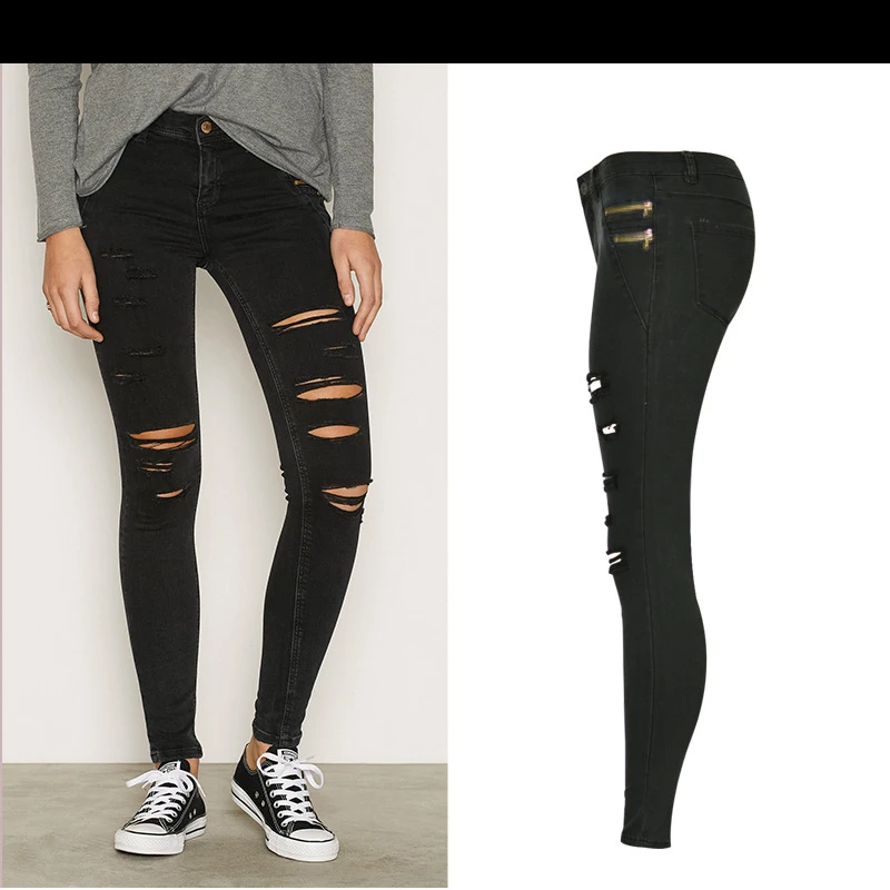 Женские узкие джинсы на молнии черные повседневные брюки карандаш большого