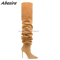 new long pleated yellow boots slip on over the knee high heel pointed toe thigh high women boots big size shoes botas de mujer