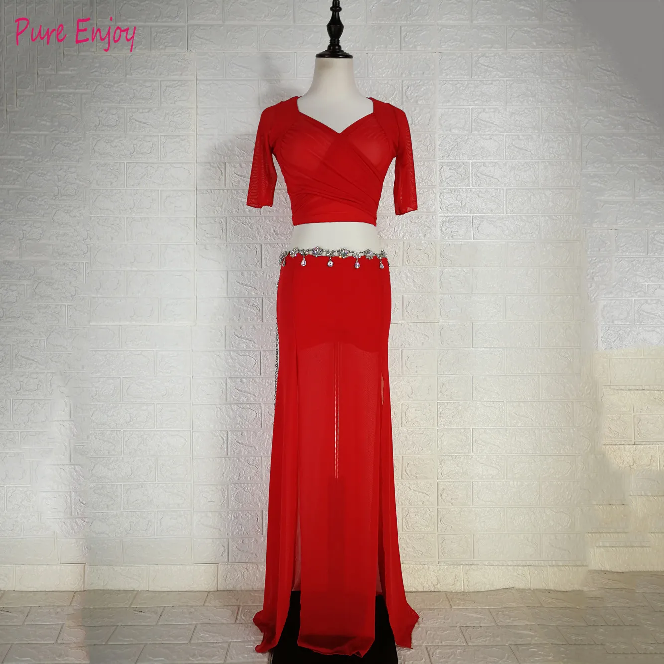 

Women Belly Dance Set Top+long Skirt 2pcs Dance Suit Oriental Dance Beginners short Sleeve Exercise Clothes