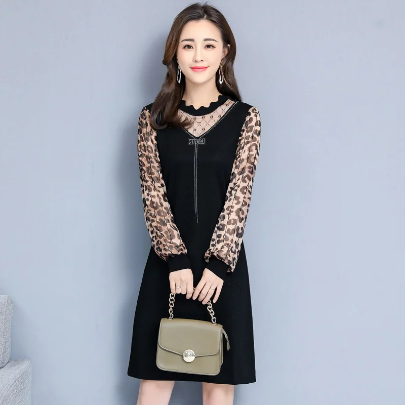 Новое модное весенне осеннее леопардовое платье с длинными рукавами женское