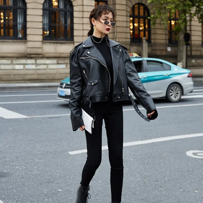 

Spring Autumn New Leather Jacket Women Short Coat Hip Hop Zipper Long Loose Turn-Down Collar Fashion High Street Outerwear