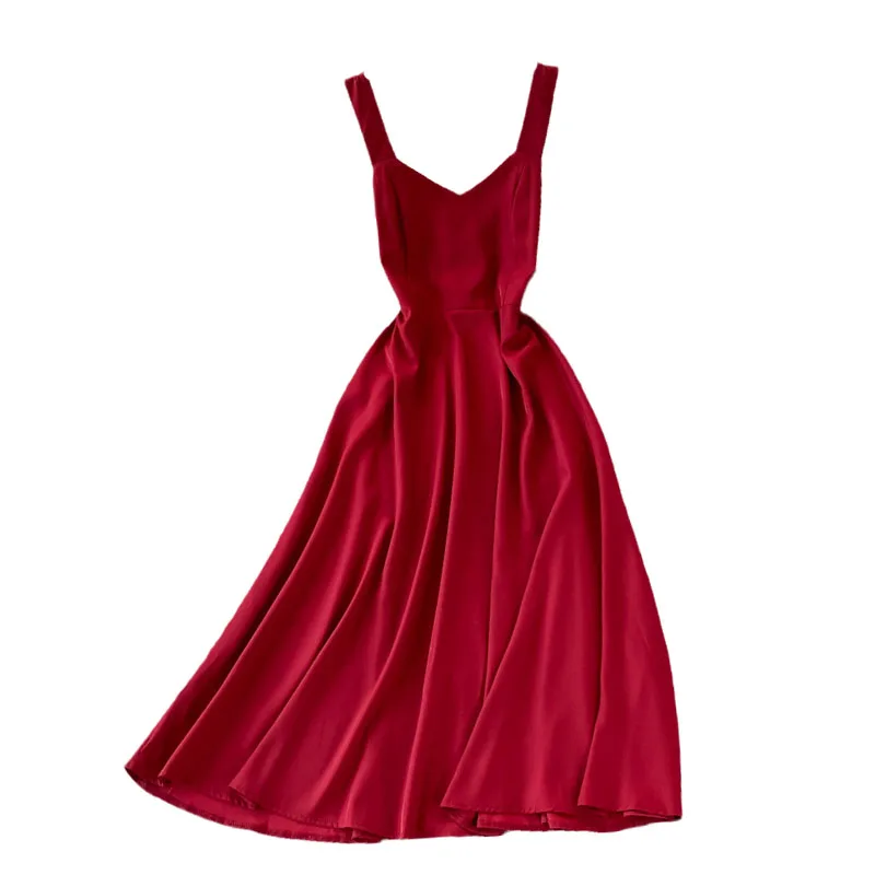 

2021 Summer New Elegant Sexy Open Back Suspender Vest Pleated Waist Slim Solid Color V-neck Strap Dress For Women Girls Party