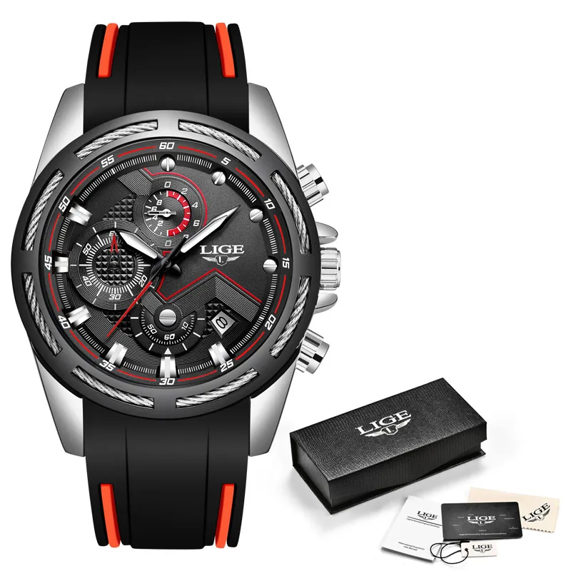 Silver Black LIGE мужские s часы лучший бренд класса люкс Спортивные Хронограф Дата кварцевые часы мужские силиконовый ремешок модные водонепроницаемые часы Reloje - Цвет: Silver Black