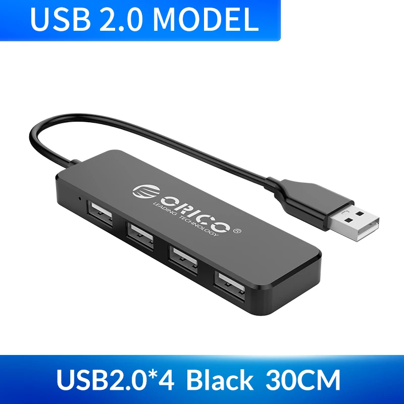 ORICO высокоскоростной 4 порта USB2.0 концентратор USB порт USB микро порт концентратор зарядный концентратор USB разветвитель для Apple Macbook Air ноутбук ПК планшет - Цвет: USB 2.0 Black 30CM
