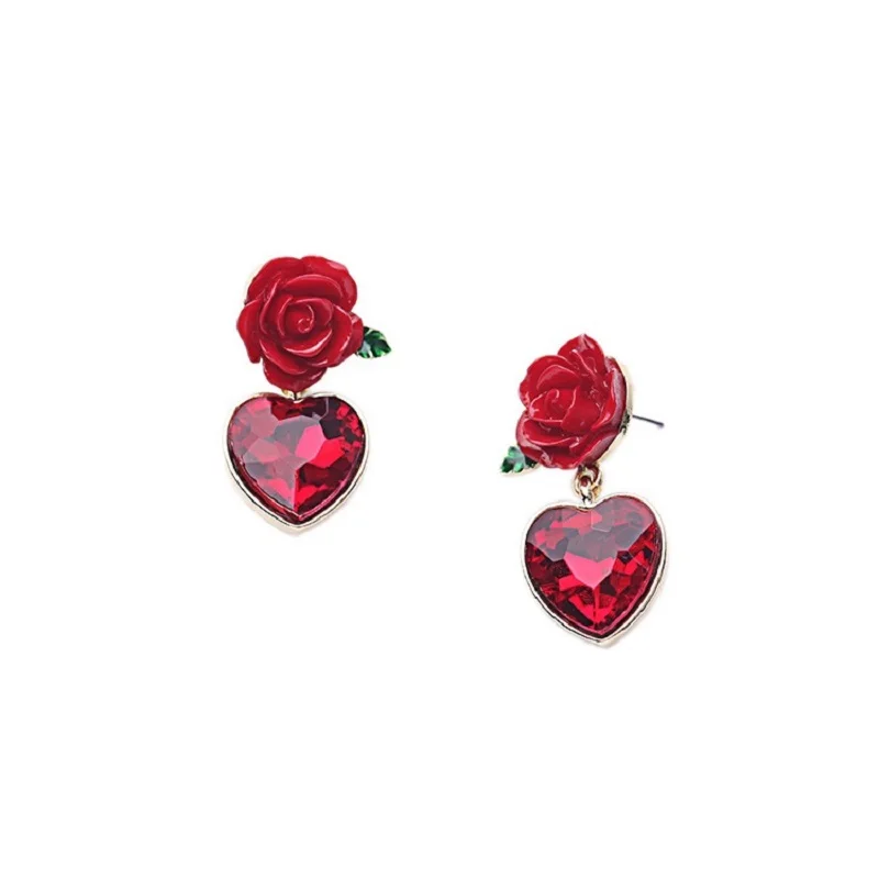 Женские Висячие серьги с розовым цветком и кристаллом в форме красного сердца