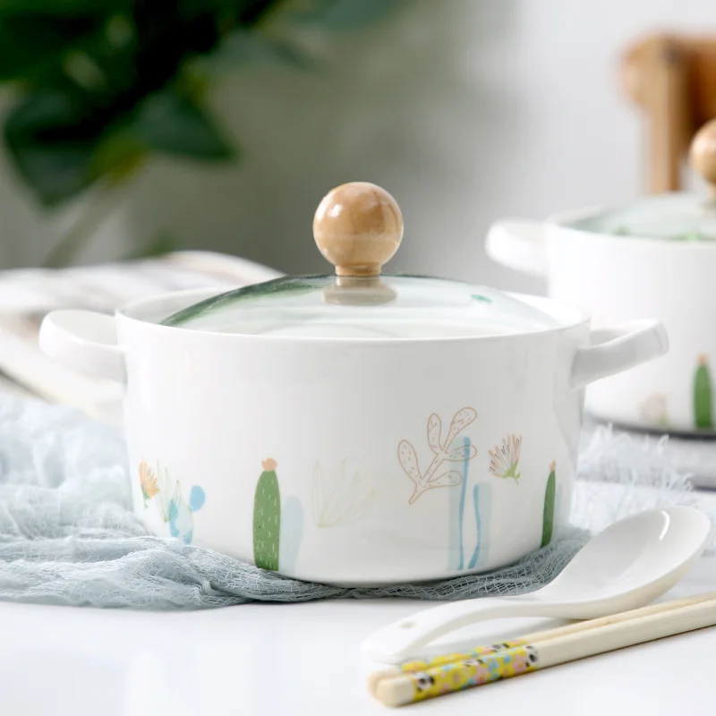 Керамика мгновенного миска для лапши с крышкой Nordic большой общежитии чашка